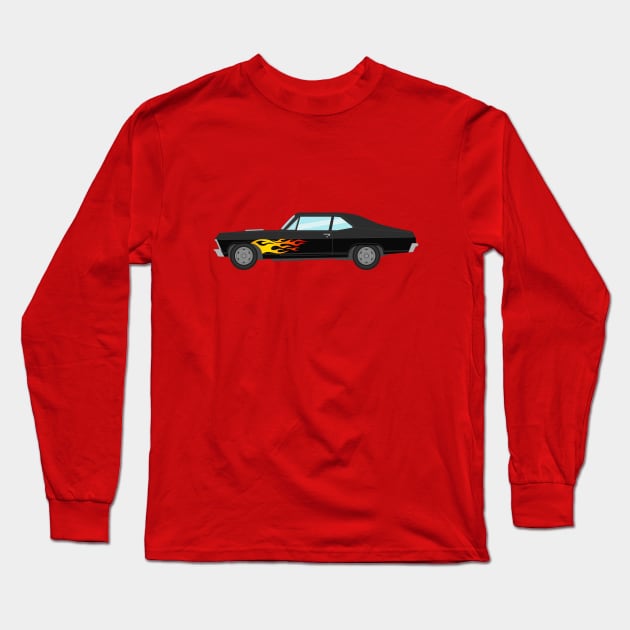 Chevy Nova SS With Flames Illustration Long Sleeve T-Shirt by Burro Wheel